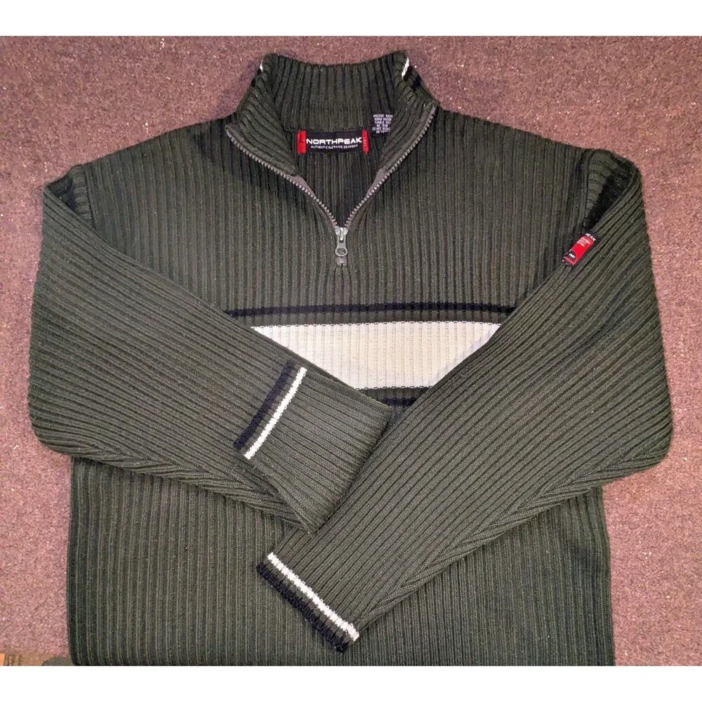 Northpeak Ribbed Knit Quarter Zip Sweater Green Lg Ski  Made in Korea Vintage